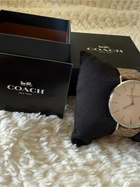 Coach Silver-Tone Round Watch with Brown Signature Strap